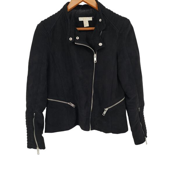 H&M Black Faux Suede Jacket Zippered Biker Moto Goth Grunge Streetwear Women’s 8 - Picture 1 of 8